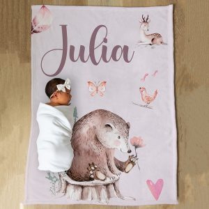 doudou pour bébé personnalisée en minky - Ours rose - Naélie