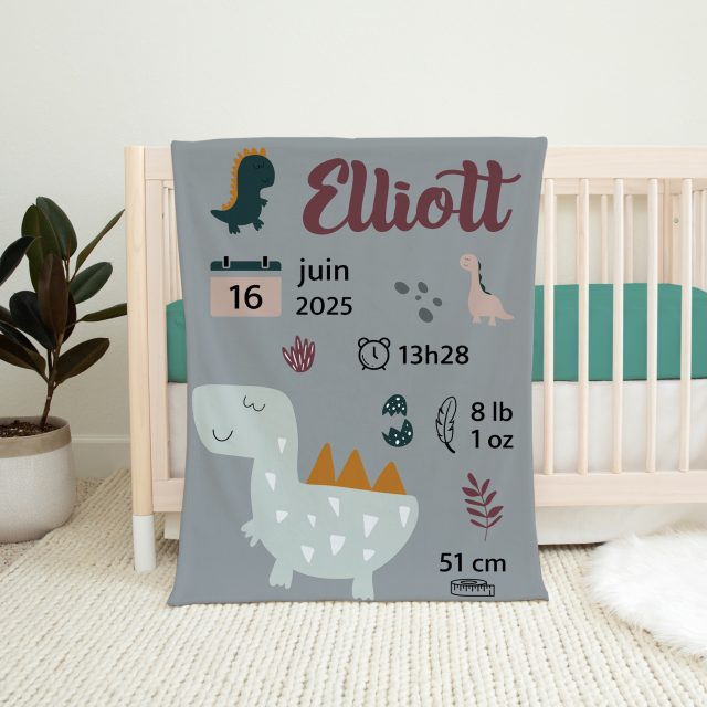 couverture de naissance - dinosaures gris - naelie